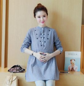 Maternity Dress Stand-up Collar Striped Embroidery Maternity Top (Option: Sky Blue-L)