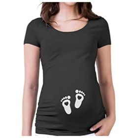 Women T-Shirts Slim Maternity Funny Letter Tops O-Neck Pregnancy Women (Option: Black footprints-2XL)