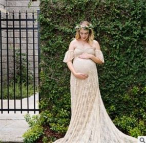 One-shoulder wedding dress Korean lace maternity dress (Option: Apricot-XL)