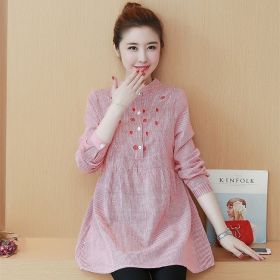 Maternity Dress Stand-up Collar Striped Embroidery Maternity Top (Option: Red-2XL)