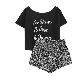 Cute Printed Pajamas Women's Short-sleeved Shorts Suit (Option: Black Letters-XL)