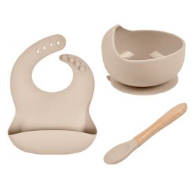 Baby Tableware Solid Food Bowl Silicone Bib Wooden Spoon Three-piece Set (Color: beige)