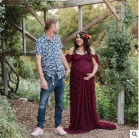 One-shoulder wedding dress Korean lace maternity dress (Option: Red wine-XL)