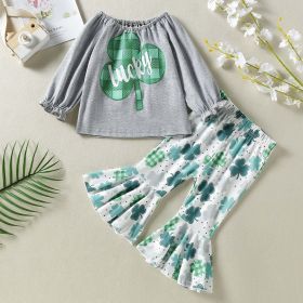Baby Girl 1pcs 4-Leaves Grass Graphic Long Sleeve Tops Combo Allover Grass Print Ruffle Hem Pants Sets (Size/Age: 80 (9-12M))