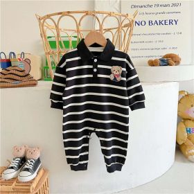 Baby Cartoon Bear Print & Striped Pattern Polo Neck Long Sleeve Romper (Size/Age: 73 (6-9M))