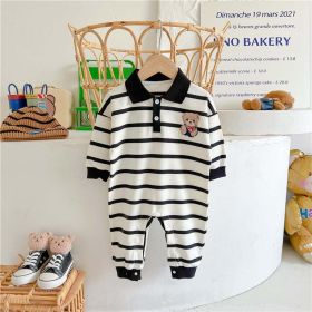 Baby Cartoon Bear Print & Striped Pattern Polo Neck Long Sleeve Romper (Size/Age: 66 (3-6M))