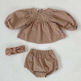 Baby Girl Plaid Pattern Loose Blouses WIth Shorts Headband 3 Pieces Sets (Size/Age: 66 (3-6M))