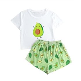 Cute Printed Pajamas Women's Short-sleeved Shorts Suit (Option: Avocado Green-M)