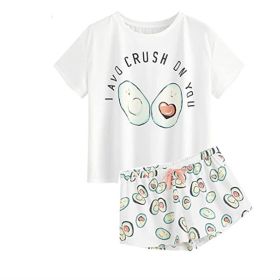 Cute Printed Pajamas Women's Short-sleeved Shorts Suit (Option: White-L)