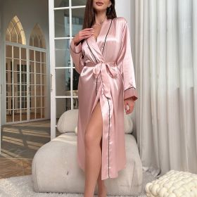 Long Ice Silk Robe Summer Thin Fashion Simple Homewear Lady Sexy Cardigan Bathrobe (Option: Lotus Root Pink-L)